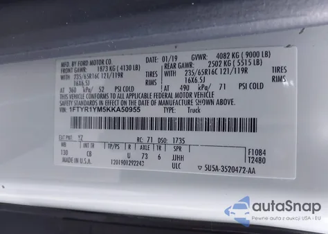 2019 Ford Transit-250 from USA, damaged, VIN 1FTYR1YM5KKA50955